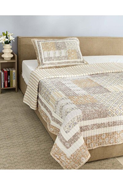 REDTAG Beige 2 Piece Patchwork Printed Quilt (Single Size)