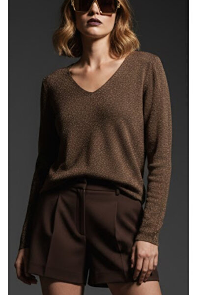 JM AS&SA KADIN KENDİNDEN SİMLİ V YAKA KAHVE BLUZ