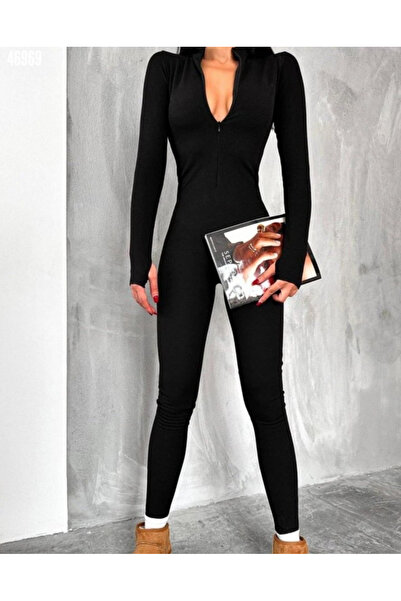 Kanonik Education Women's Long Sleeve V Neck Finger Insert Detail Camisole Jumpsuit