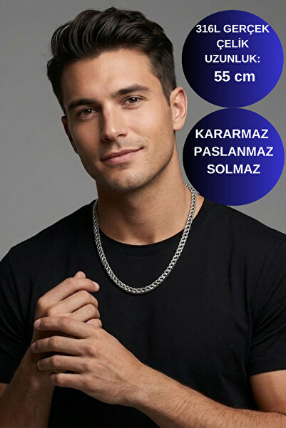 axexuar Silver Color 316L Steel Men Women Cube Square Italian Model Chain Necklace - 55 cm - Stylish and Sporty Use