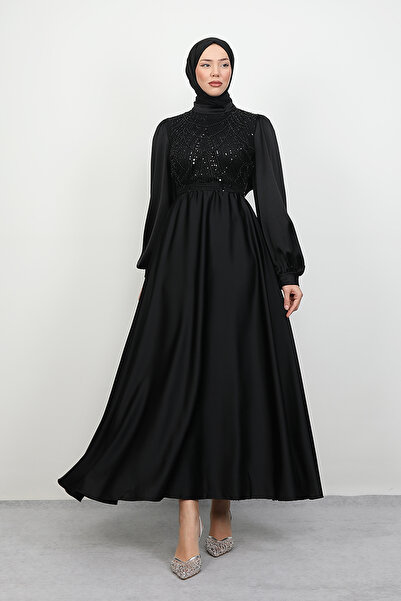 Lamia Giyim Balon Kol Saten Abiye Siyah