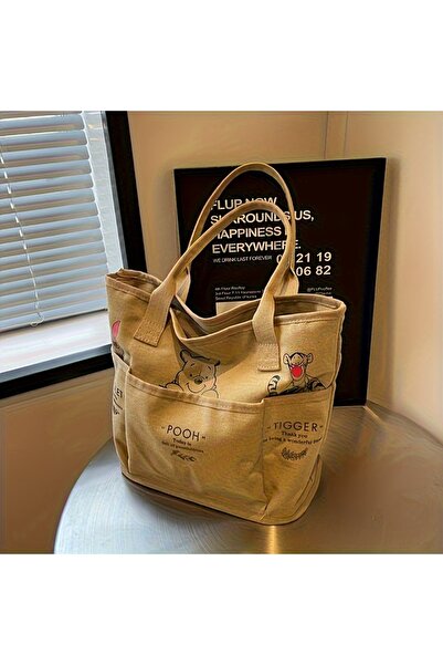 Choice حقيبة حمل قماشية بنية اللون مطبوع بشخصية ويني ذا بوه من ديزني، حقيبة ك...