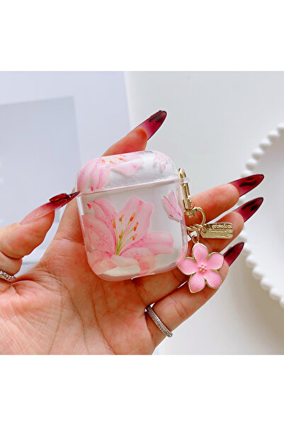 Choice جراب سماعات رأس مزين بزهرة زنبق وردية اللون، متوافق مع سماعات AirPods ...