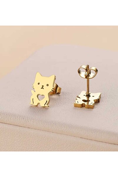 sarıyer silver Kedi Figürlü Sevimli Patili Hayvan Çelik Vidalı Küpe Altın Kap...