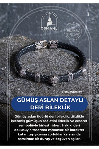 OSMANLI DOĞAL TAŞ Sertifikalı Gümüş Aslan Detaylı Deri Bileklik (SK:194)