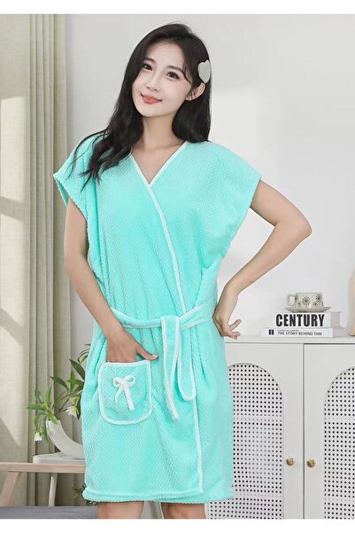 Choice green Women's bathrobe, coral fleece soft absorbent bathrobe, strap wearable bathrobe, breathable ad