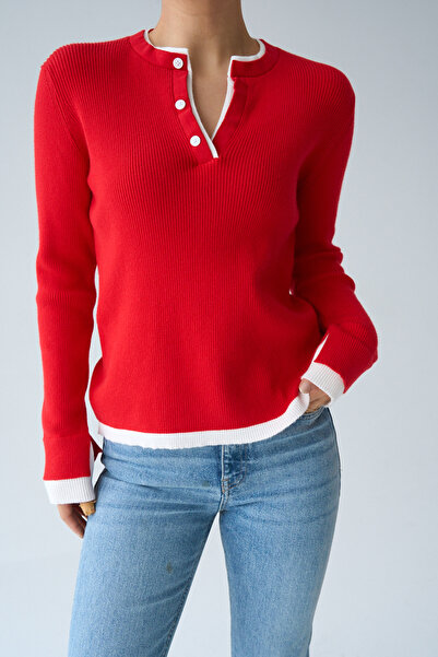 LOOSH Kadın Kırmızı Çift Yaka Düğmeli Kazak