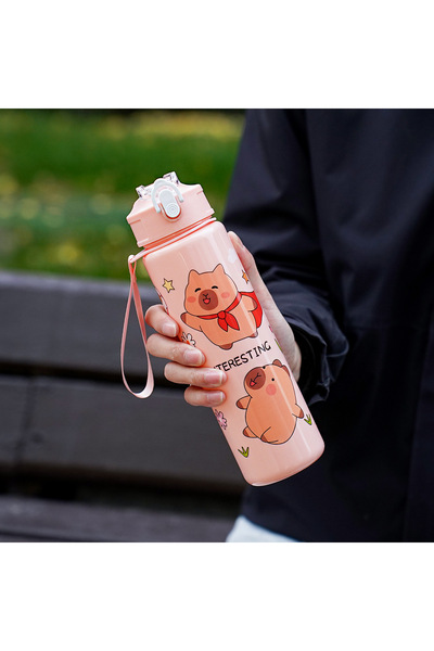 Choice 750ml Pink 750ML Cute Capybara Cartoon Straw Water Bottle Leakproof Portable with Woven Carry Rope f