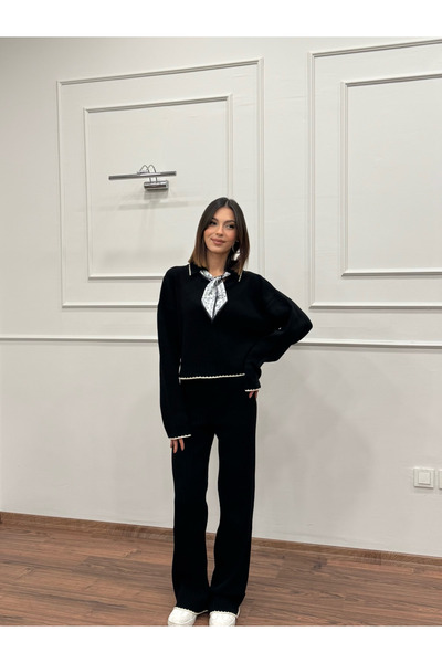 NEWCO Polo Neck Scarf with Shepherd Stitch Detail Knitwear Triple Bottom-Top Set