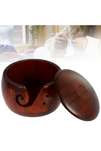 Choice Dark with cover Wooden Yarn Bowl Round Crochet Bowl Holder with Holes ...