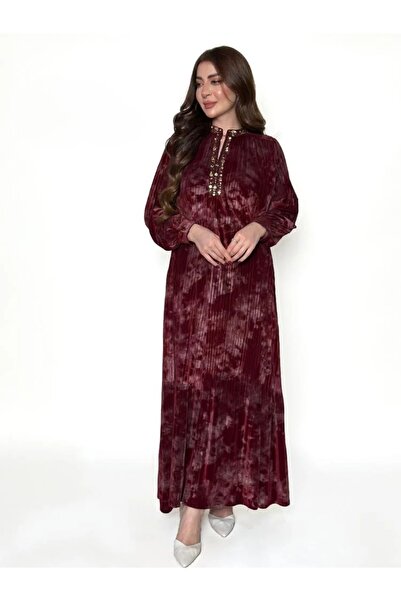 TREASUREISLAND جلابية مخمل طويله عنابي