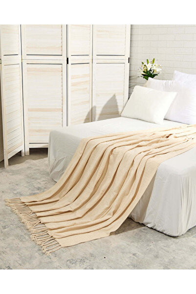 REDTAG Ivory Chenille Throw With Gold Metallic Yarn