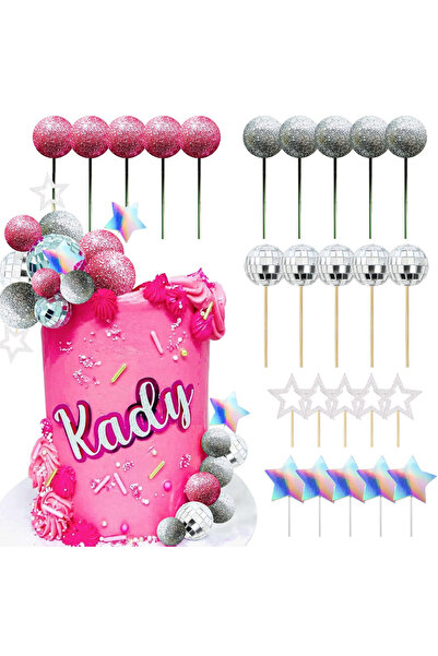 choice2 pink Disco Ball Cake Topper Dancing Queen Cake Topper Silver Cake Bal...