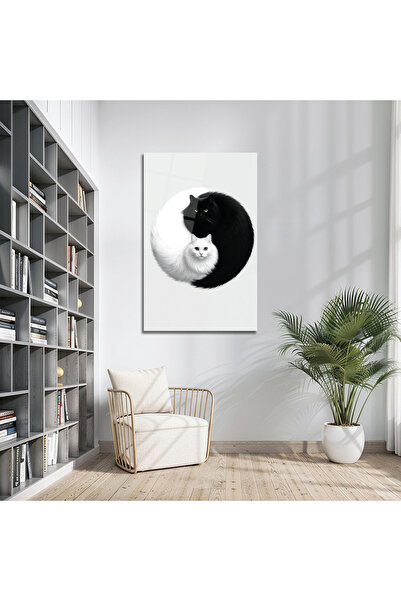 B&G DESIGN Pictură modernă pe sticlă cu design de pisică Yin Yang, artă decor...