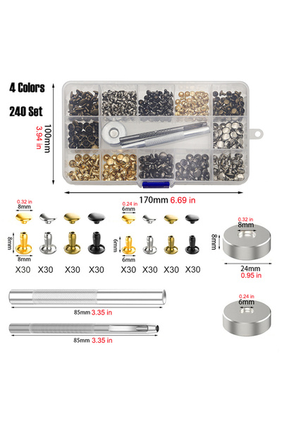 Choice 4 Colors 240 Set 240 Set Copper Double-Sided Rivets Punching Tool Kit Are Suitable for Leather Cloth