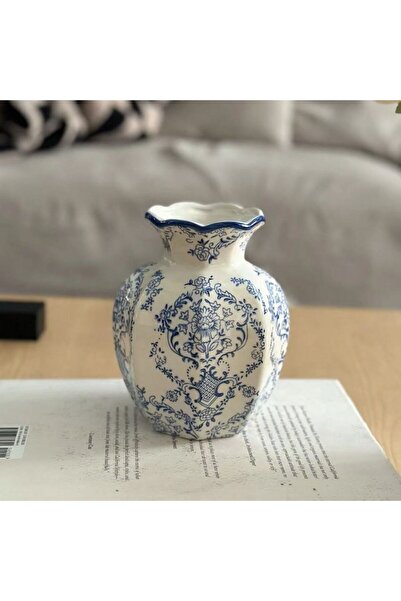 Choice مزهرية بورسلين زرقاء وبيضاء مطلية يدويًا، لون عاجي، قطعة واحدة، قطعة د...