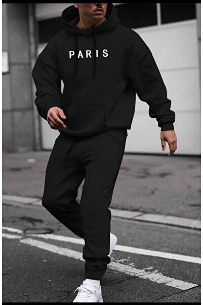 NO 601 Men's Black Paris City Detailed Hooded Black Plain Tracksuit Bottom Set