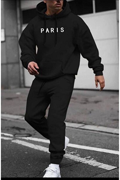 CAST COLLECTİON طقم سويت شيرت رياضي أسود للرجال من باريس قصة فضفاضة بغطاء رأس