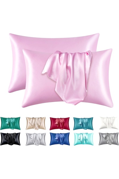Choice29 50x66cm Pink 2pcs Satin Silk Pillowcase for Hair and Skin, Coral Pil...
