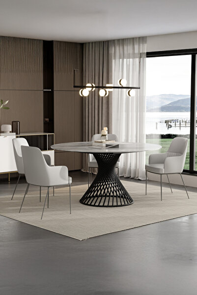 Enza Home Assos Metal Ayaklı, Mermer Yüzeyli Yemek Masası - İtalyan Gri