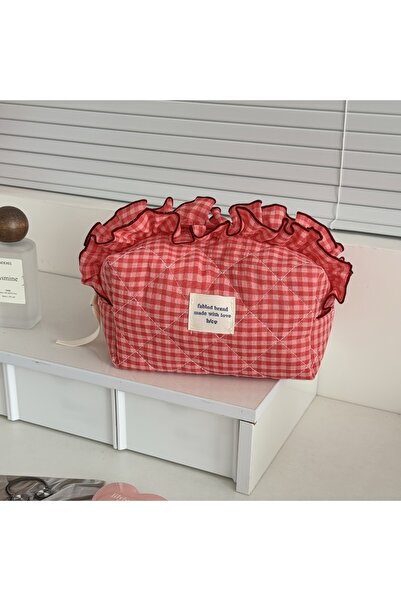 Choice Red Red White Checkered Makeup Bag with Lace Trim, Large Capacity Portable Cosmetic Pouch for Women