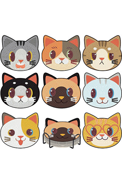 Choice 10x10 WHITE 8 pieces/set of cute cat pattern diamond painted wooden coasters, DIY creative diamond p