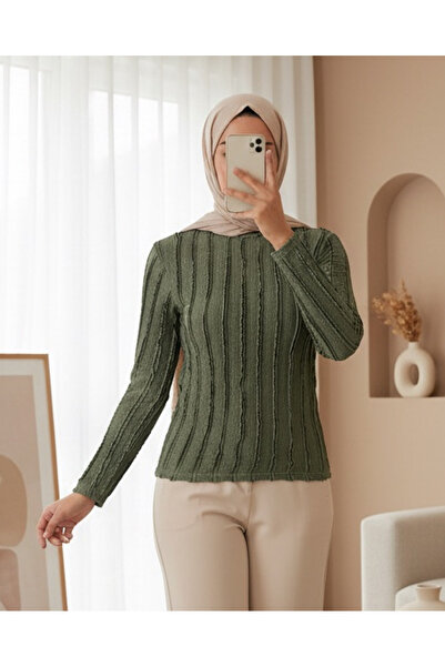 Modamorfo Women's Textured Stretch Knit Blouse 975 - Khaki