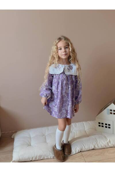 noliva bebek ve çocuk Özel Tasarım Kız Çocuk Vintage Elbise – Nakışlı Geniş Yaka