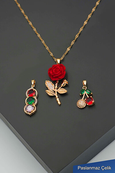 TREND COLLECTİON Değiştirilebilir Kolye Uçlu Gold Çelik Kolye Set – 3’lü Kadı...