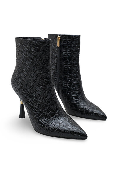 Women Lay-z Women's Black Crocodile Patent Leather Pointed Toe 9.5 cm Heel Boots Offer Stylish and Modern Posture