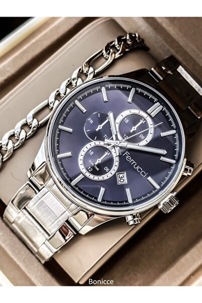 Ferrucci Men's Wristwatch-Navy Blue Silver Color Steel Band-With Calendar Gift for Lover in Stylish Box +Bracelet