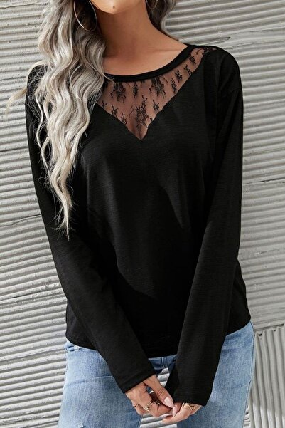 Mossta Crew Neck Lace Viscose Two Thread Blouse - Black