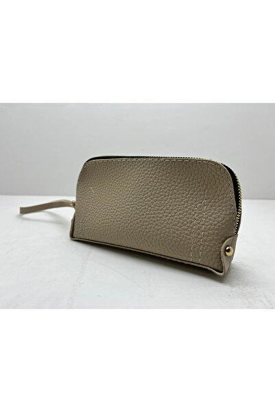 MeGass Dekor Leather Fabric Cream Color 17X10 cm Jewelry-Makeup Zipper Bag