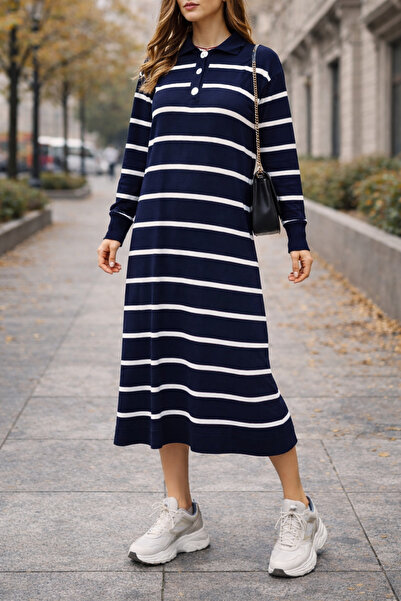 Get Crazy Women's Striped Polo Neck Knit Dress