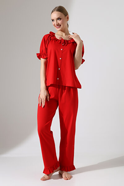 DİVİSTA Women's Red Ruffle Detailed Buttoned Short Sleeve 100% Cotton Pajama Set