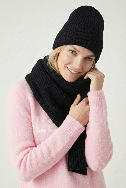 FATELLA Women's Black Corded Fabric Knitted Scarf Beanie Set - Winter Knitwea...