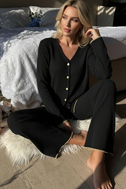 evolise Premium Women's Corded Fabric Pajama Set - Black Gold Piped Detail , ...