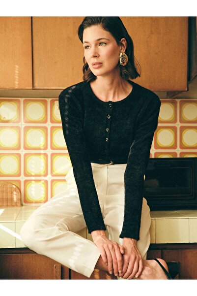 Sateen Buttoned Bearded Cardigan - Black