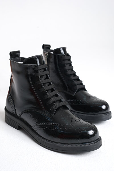 GNS Shoes Mujer Genuine Leather Black Patent Leather Women's Oxford Boots