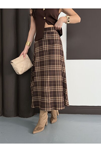 Nazline Fusta midi în carouri în formă de A cu volan
