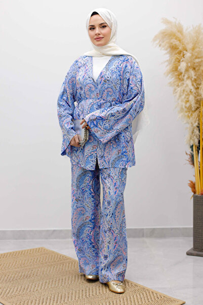 Tesettür Dünyası Set kimono cu șnur la talie TSD250265 Albastru