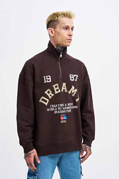 Machinist Men's High Neck Printed Polo Sweatshirt Dark Brown