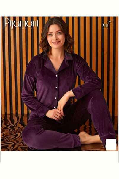 Pijamoni 7110 Velvet Buttoned Shirt with Banded Sleeves Pajama Set