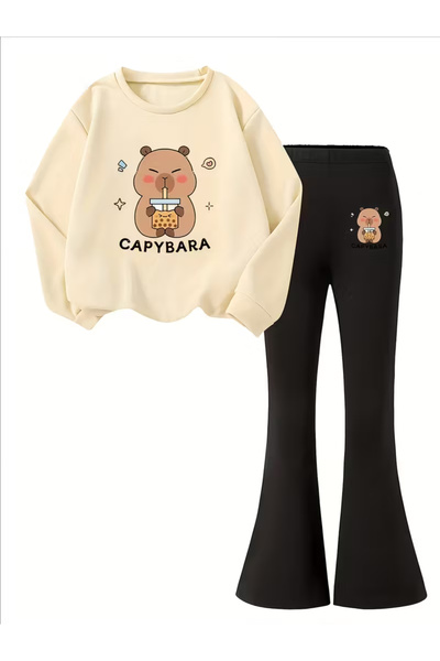 npLStore Детски комплект от суитшърт с принт на капибара и панталони в испанс...