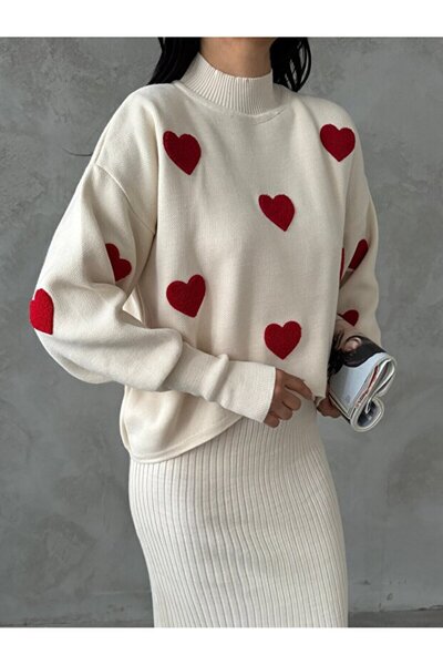 Knitoryx Women's Heart Embroidered Half Fisherman Knitwear Set - Black / Tan / Ecru Options