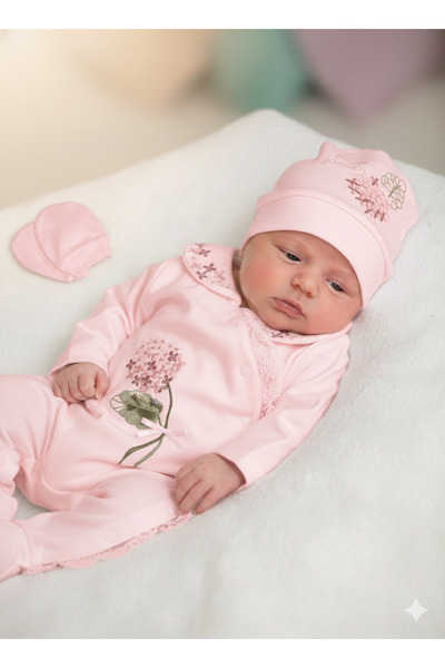 Eda Baby Ortanca Nakışlı %100 Pamuk 3'lü Tulum Set-Saç Bandı Hediyeli