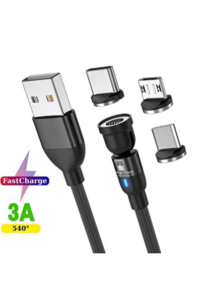 PRESTIGE CHARGE Magnetic charging cable 3in1, FastCharge, USB - Type C, Lightning, Micro, 180-360° rotation, Black, 2m
