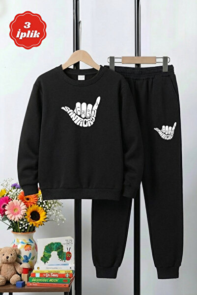 FYK KİDS 3-Ply Thick Round Neck Santa Cruz Print Detail Winter Boys' Tracksuit Set