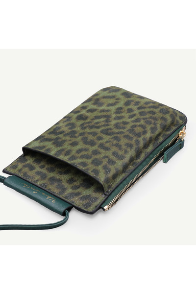 Uderra Leather S1Kz0345-Genuine Leather Strap Phone and Card Holder Green Leopard Bag
