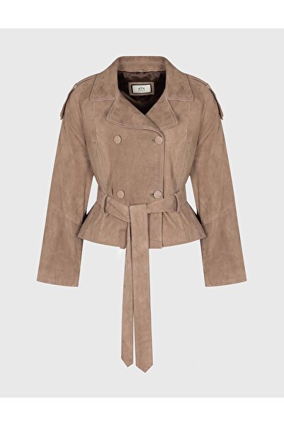 İLVİ Rosio Hakiki Süet Deri Bej Kadın Mont